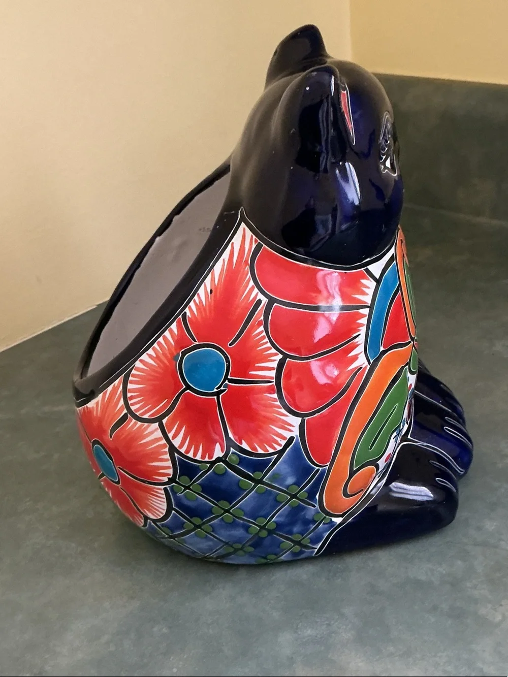 Hand-Painted Talavera Style Cat Figurine - Multicolor